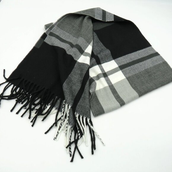 Italy Design Scarf Black 68" White Plaid Cashmere Feel Fringe Unisex Soft - Picture 2 of 5